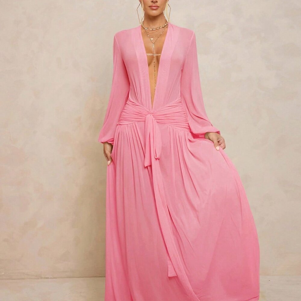 Pink Sexy Women's Extra Long Sheer V-Neck Puff Sleeves Dress - Picture 4 of 8